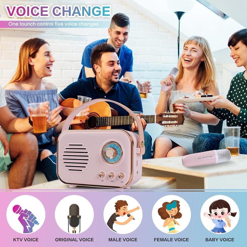 Retro Mini Karaoke Machine with Wireless Microphone, Portable Small, 1 Mic, Pink - Picture 5 of 6